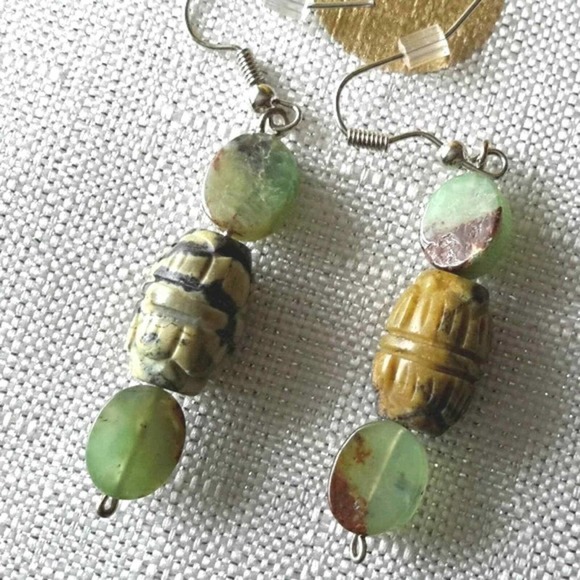 Jade Dangle Earrings & CARVED Brazilian Agate EXOTIC 1.5" Drop Artsy Modern - Picture 7 of 10
